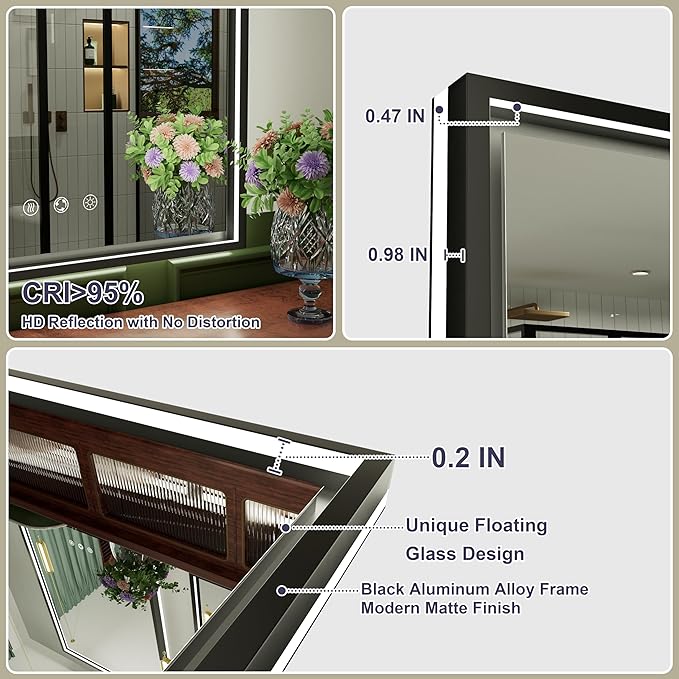 24x32 Inch LED Bathroom Mirror with Front & Back Lights, Adjustable 3000K/4500K/6000K, Wall Mounted Black Lighted Bathroom Vanity Mirrors, Dimmable, Memory, Anti-Fog, Horizontal/Vertical