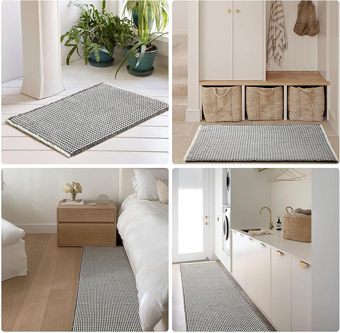 Waffle Bath Mat, Boho Bathroom Rugs Non Slip Washable Super Absorbent Quick Dry Bath Mat Farmhouse Bathroom Decor, 36"x24" Grey and White