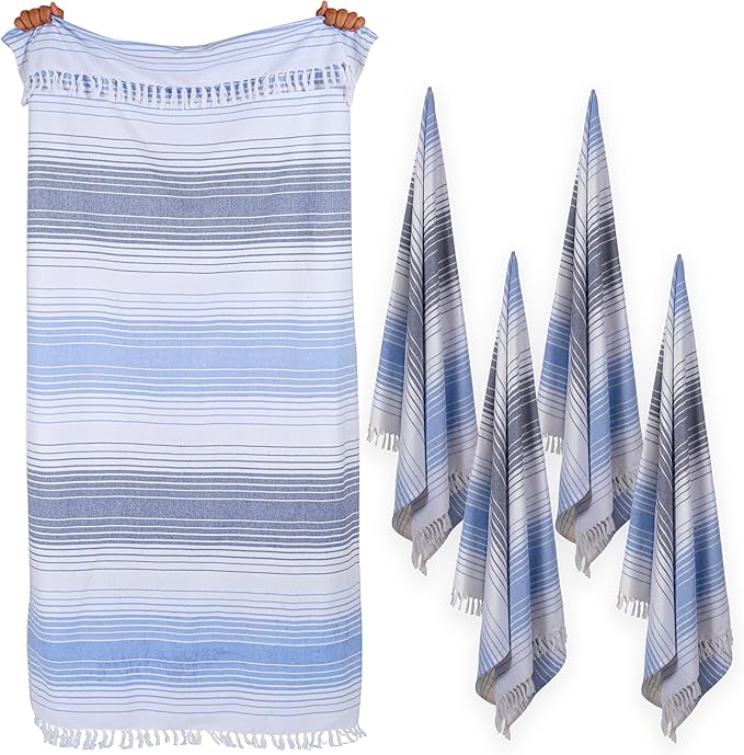 Native Fab Oversized Beach Towel, 4 Pack, 40x71 inches 100% Cotton Turkish Peshtemal for Adults,Soft & Absorbent, Extra Large Beach Towel for Hammam Spa Beach Blanket Bath, Cabana Strips, Navy Blue