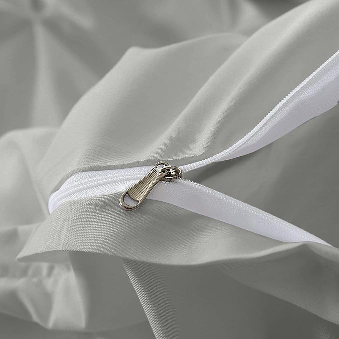 Pinch Pleated Duvet Cover Set 100% Brushed Microfiber 3PC Twin Size 68x90 Duvet Cover Set, Decorative Pinch Design Silver Grey Duvet Cover with Matching Pillow Case