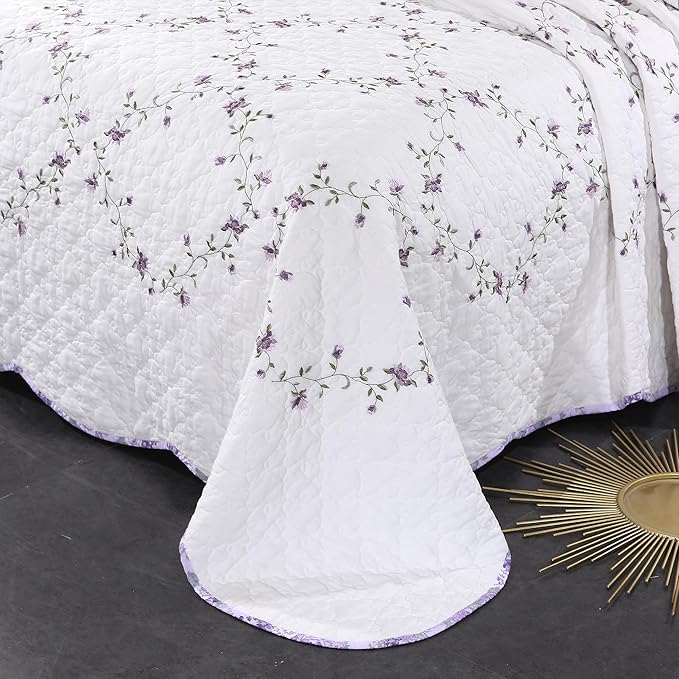 Quilt Set Purple Floral 3D Embroidery Pattern 3 PCS 100% Cotton Reversible Quilted Embroidered Decorative Bedspreads Coverlet Set, Lightweight &Soft Queen Size White Bedding Coverlet for All Season