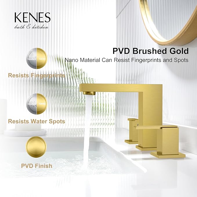 KENES Brushed Gold Widespread Bathroom Faucet 2 Handle Bathroom Sink Faucets 3 Hole, Gold 8-Inch 3 Pieces Vanity Lavatory Faucet with Supply Lines, KE-9050-4