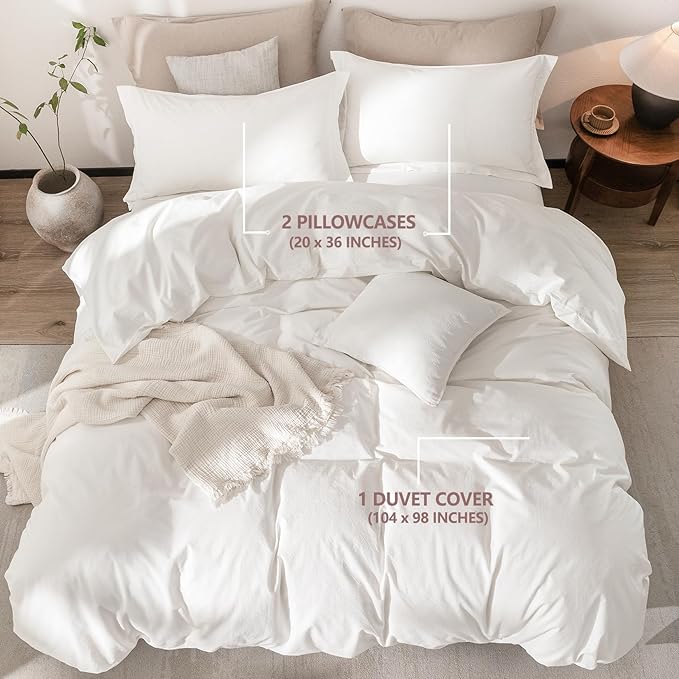 Off White Duvet Cover California King Size 100% Washed Cotton Bedding Set Cover 1 Duvet Cover Zipper Closure and 2 Pillowcases, 104inch x 98inch