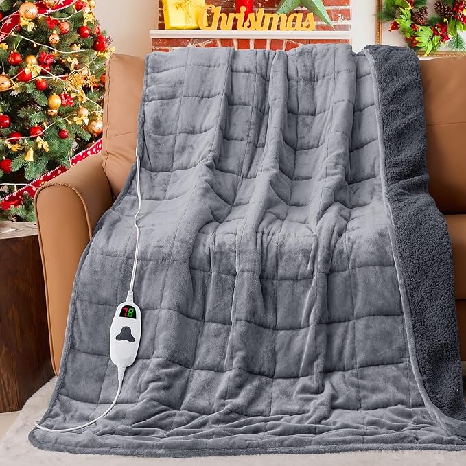 CYMULA Heated Weighted Blanket for Adults, Weighted Heated Blanket 48" x 72", 15lbs Sherpa Fleece Weighted Electric Blanket Soft Heating Blanket with 10 Heating Levels & 1-8 Hours Auto Off, Light Gray