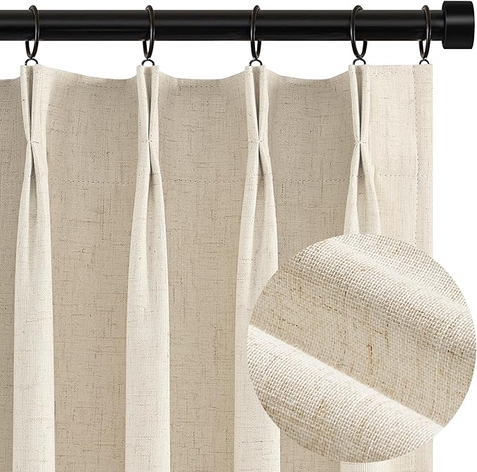Topfinel Beige Blackout Curtains & Drapes 84 Inch Length, Cream Pinch Pleat Full Flax Linen Burlap Soundproof Curtains with Hooks Rings for Bedroom Living Room Track System 2 Panels Set, Tan