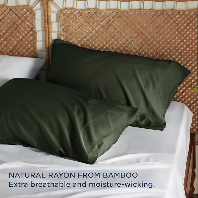 Bedsure King Size Pillow Cases Set of 2, Cooling Pillow Cases King, Rayon Derived from Bamboo Olive Green Pillowcases, Breathable & Silky Soft Bedding Pillow Cover with Envelope Closure, 20x36 Inches