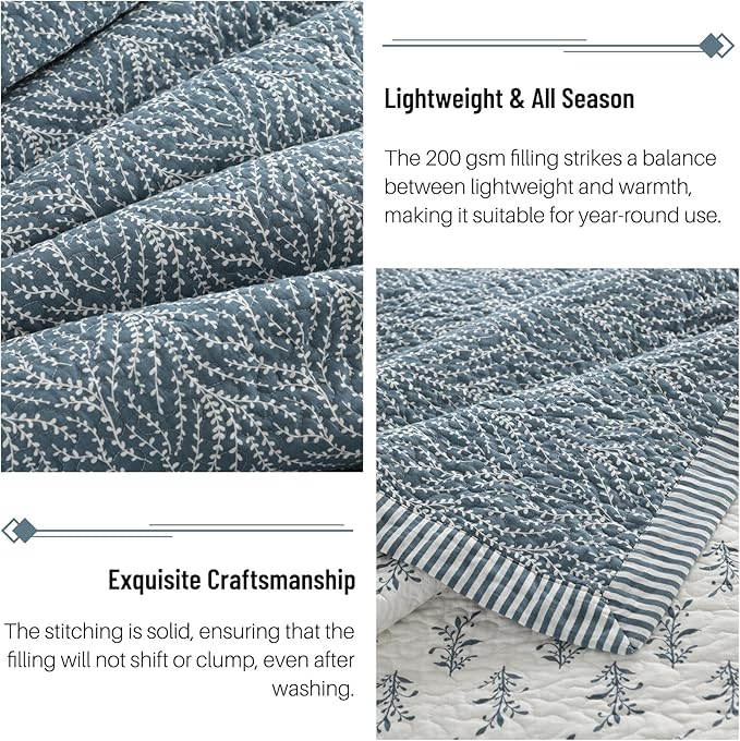 Quilt Set King Size - 100% Cotton Blue White Floral Bedspread Bedding Sets, Lightweight Reversible Botanical Pattern Coverlet with 2 Pillow Shams, 3-Piece All Season, 98x106
