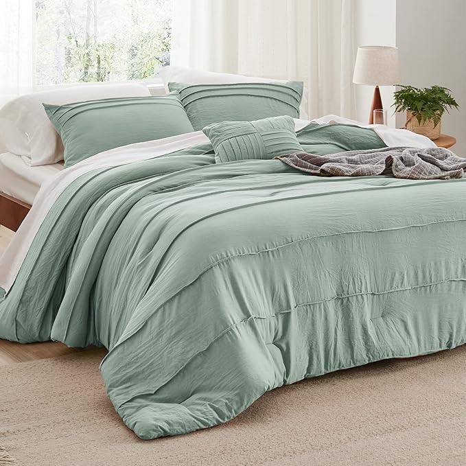 Bedsure California King Comforter Set - 4 Pieces Pinch Pleat Bed Set, Sage Green Boho Bedding for All Season, 1 Soft Comforter, 2 Pillowcases, 1 Decorative Pillow