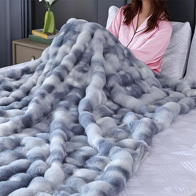 Faux Fur Soft Fluffy Tie-dye Blue Throw Blanket for Living Room Bedroom Couch 60X80 Fuzzy Bubble Thick Throw Blanket Decorative Blanket Home Decor 860 GSM