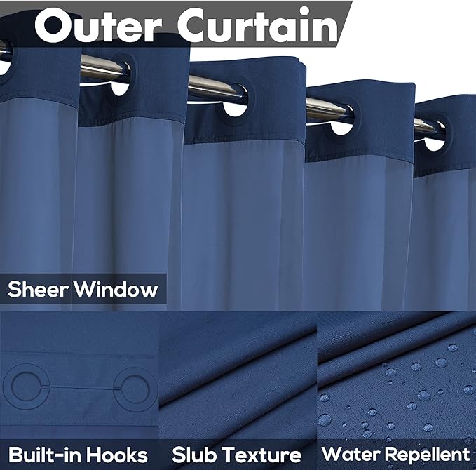 Extra Long No Hook Slub Textured Shower Curtain with Snap-in PEVA Liner Set - 71" x 86"(84"), Hotel Style with See Through Top Window, Navy Blue Fabric Curtain & Waterproof Liner, Navy Blue, 71x86