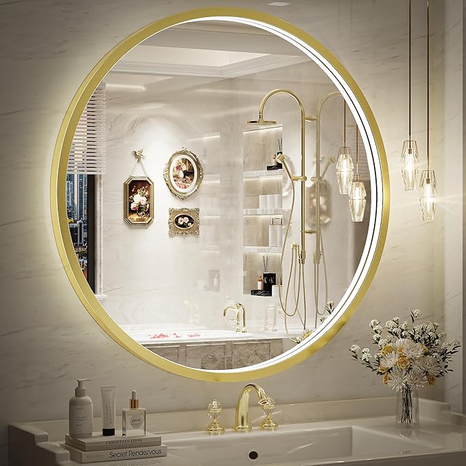 28" Round LED Bathroom Mirror, Dimmable Anti-Fog Vanity Mirror with Touch Control, 6000K Natural Light, Gold Metal Frame, Wall Mounted for Makeup Shaving (IP54, 90+ CRI)