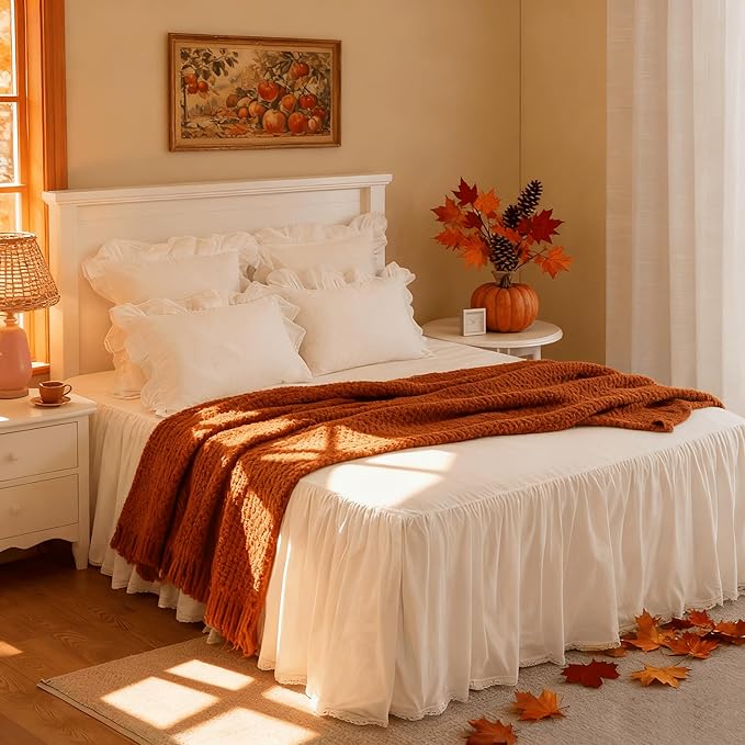 Full Size 14" Drop - White Lightweight Cotton Bed Skirt with Crochet Edge - Dust Ruffle with Split Corner - Soft, Elegant, Breathable Bedding Accessory