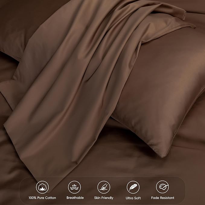 MooMee Duvet Cover Set 100% Extra Long Staple Cotton 600 Thread Count Silky Sateen Smooth Luxury Soft Breathable Durable Hotel Quality Bedding, 3 Pieces (Chocolate Brown, Oversized Queen 98"x98")