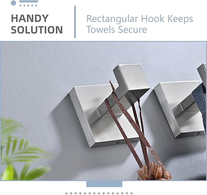 3PCS Bathroom Hardware Set, Brushed Nickel Toilet Paper Holder, 2 Square Towel Robe Hooks, SUS 304 Stainless Steel, Wall Mounted, Modern, Rust‑Resistant (Silvery)
