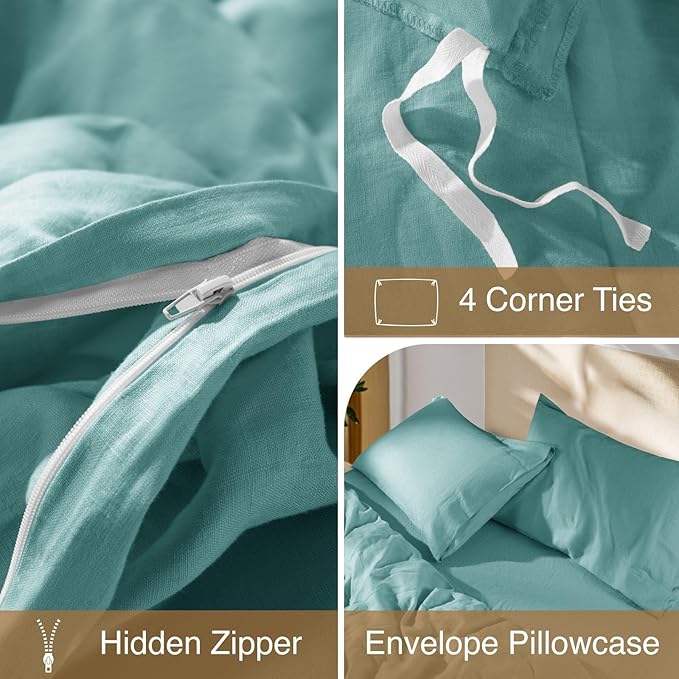 SONORO KATE 100% French Linen Duvet Cover King Size, Soft Breathable for Hot Sleepers, Moisture Wicking & Durable Cover Set - Zipper Closure & 4 Corner Ties Duvet Covers 3 Piece (Aqua,King)