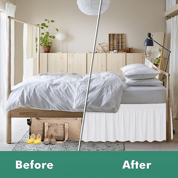 Biscaynebay Wrap Around Bed Skirts with Split Corners for Queen Beds 18" Drop, White Adjustable Elastic Dust Ruffles Easy Fit Wrinkle Resistant Silky Luxurious Fabric Machine Washable