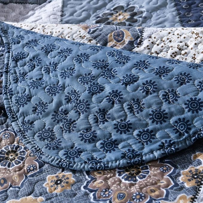 ENJOHOS Navy Blue Plaid Floral Quilt Set King Size 98"x106", 3 Pcs Boho Bedspread Coverlet Set for All Season, Patchwork Reversible Bedding Set King