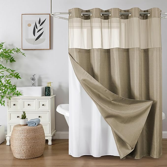 Colorful Star No Hook Shower Curtain with Snap in Fabric Liner, Waffle Weave Heavy Duty Thick Shower Curtains with Mesh Top Window, Hotel Style Waterproof Bathroom Curtain Set, 72 x 87 Inch, Beige