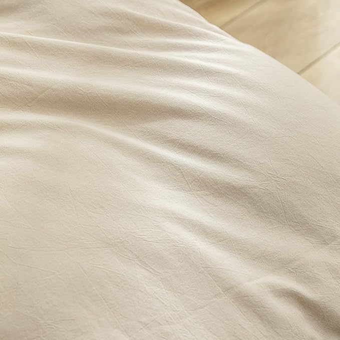 BESTOUCH Duvet Cover Set 100% Washed Cotton Linen Feel Super Soft Comfortable Chic Lightweight 3 PCs Home Bedding Set Solid Almond Milk Grey Oversized Queen