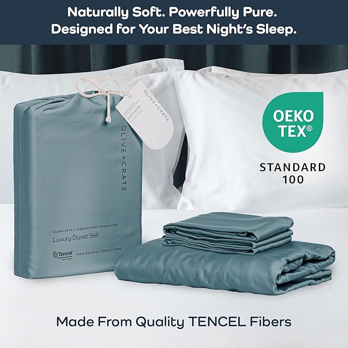 Olive + Crate Tencel Eucalyptus Cooling Duvet Cover Set - Hypoallergenic, Lyocell Tencel Duvet Cover - Soft, Temperature Regulating with Hidden Button Closure & Corner Ties - King Size [Basalt Blue]