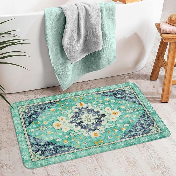 Uphome Boho Vintage Bathroom Rug Green Non-Slip Soft Bath Rug Machine Washable Oriental Bathroom Mat Traditional Farmhouse Floral Floor Mats for Bathtub Shower Entryway, 20x31 inch
