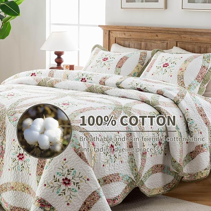 meadow park Cotton Real Patchwork Embroidery Quilt Set 3-Piece. 100% Washed Cotton. 461 Hand Cut Patches. Embroidery and Allover Quilting. Reversible Coverlet Set. (King)