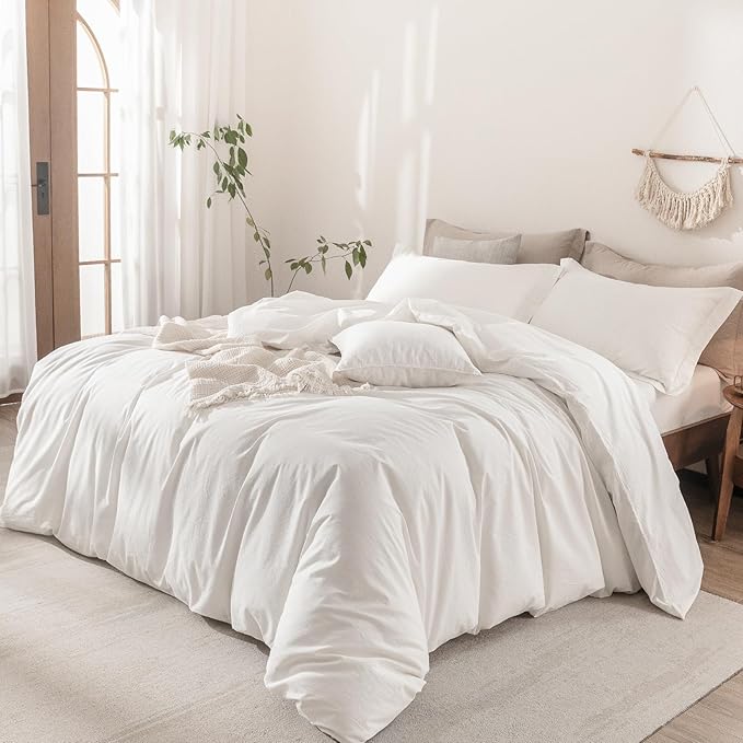 Linen Feel Duvet Cover Super King Size 108inch x 98inch,100% Washed Cotton Duvet Cover with Zipper Closure and 2 Pillowcases, Color of Off White