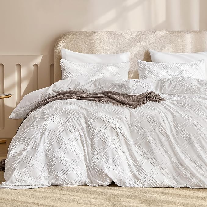 JELLYMONI Duvet Cover Twin Size Bright White - 3PCS Boho Duvet Cover Set Plaid Polyester Tufted Bohemian Jacquard Knit Textured Comforter Cover 68×90in Rhombic Geometric Pattern Corner Ties & Zipper
