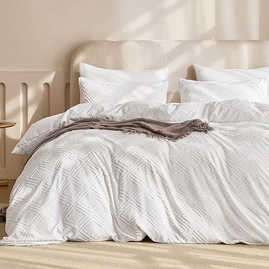 JELLYMONI Duvet Cover Twin Size Bright White - 3PCS Boho Duvet Cover Set Plaid Polyester Tufted Bohemian Jacquard Knit Textured Comforter Cover 68×90in Rhombic Geometric Pattern Corner Ties & Zipper