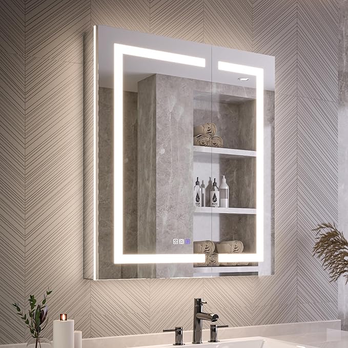 Lighted Medicine Cabinet with Mirror 30"x36" Recessed LED Medicine Cabinet Mirror, Front&Backlit, Anti-Fog, Stepless Dimming, 3-Color Temperatures, Magnifier, 2 Outlets, Storage Shelves, ETL Certified