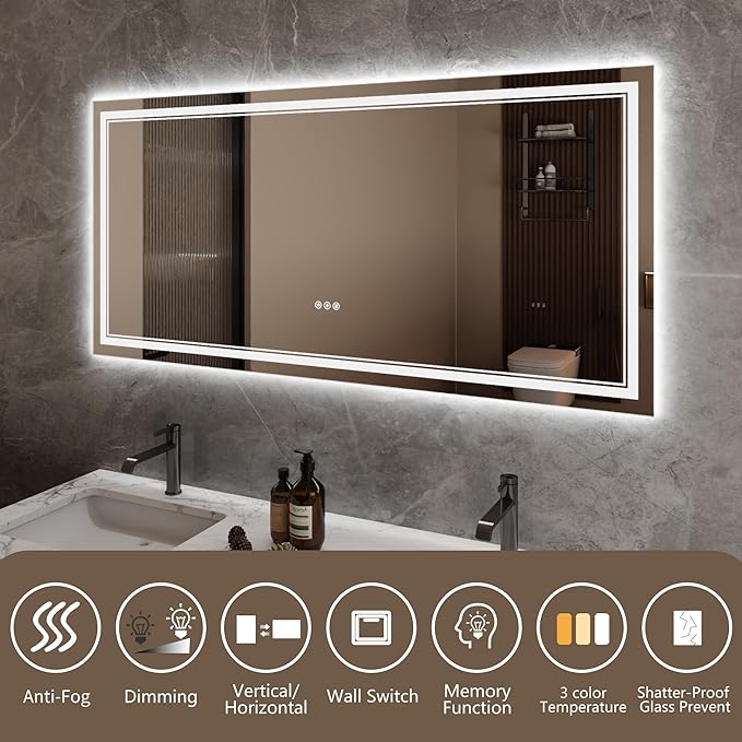 Bathroom Mirror with Lights 28"X60" with Front Light and Backlit, Tempered Glass, Wall Mount Horizontal/Vertical, Stepless Dimmable, 3 Colors, Anti Fog, Bathroom Memory LED Mirror