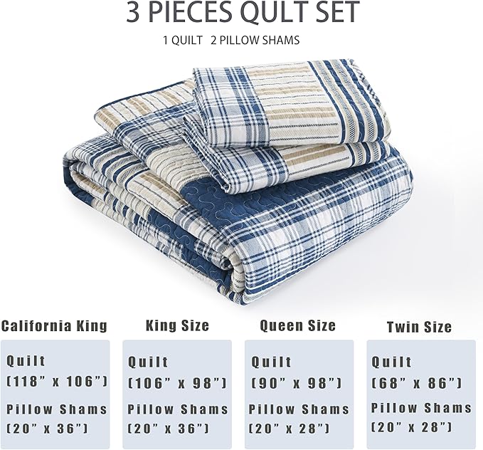 Homzard California King Size Comforter Set,100% Cotton Oversized Plaid Striped California Quilt Set, Blue White Tan Bedding Sets (118 * 106 Inch) with 2 Pillow Shams, Farmhouse Reversible Bedspread