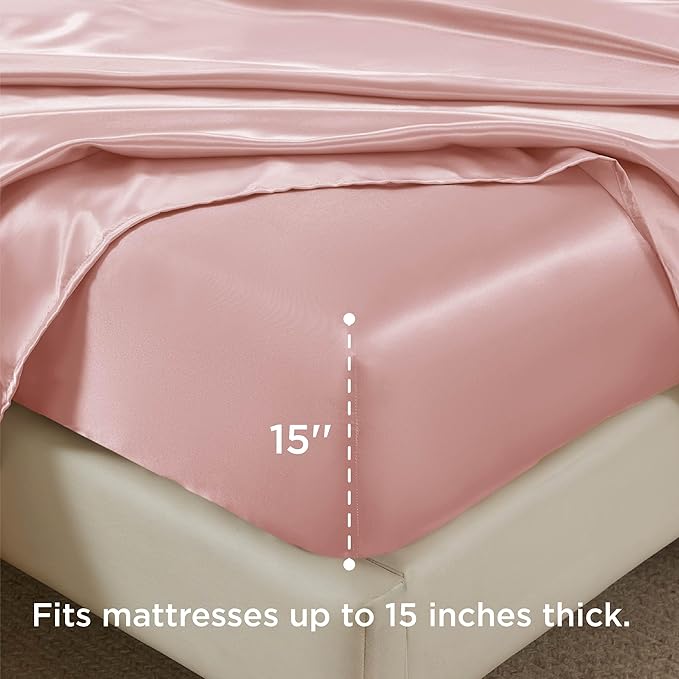 Bedsure Satin Sheets Queen Size - 4 Piece Silky Bedsheets with 15 Inches Deep Pocket Fitted Bedsheet,1 Flat Sheet, 2 Satin Pillowcases, Good for Hair & Skin (Queen, Blush Pink)