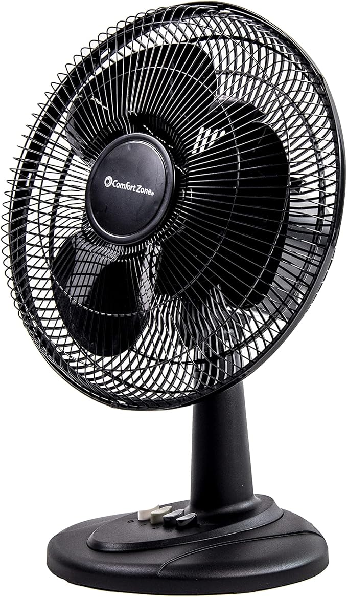 Comfort Zone Oscillating Table Fan with Adjustable Tilt, Convenient Push Button Controls, Quiet, 12 inch, 3 Speed, Desk Fan, Airflow 7.25 ft/sec, Ideal for Home, Bedroom, Dorm & Office, CZ121BK