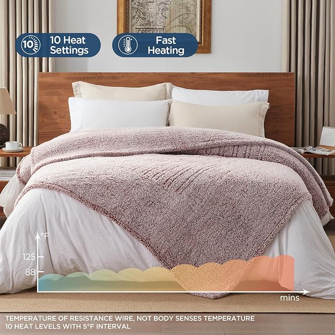 Westinghouse Electric Blanket Full Size, Soft Plush Sherpa Heated Blanket with 10 Heating Levels & 1-12 Hours Auto-Off, Machine Washable, 80x84 inches, Rust