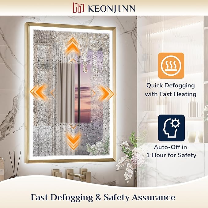 Keonjinn Gold LED Bathroom Mirror 40 x 24 Inch with Frontlit & Backlit, Lighted Mirrors Metal Framed for Wall, Stepless 3 Colors Lights, Anti Fog, Tempered Glass, Brighter and No Dark Corner