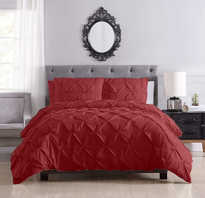 Pinch Pleated Duvet Cover Set 100% Brushed Microfiber 3PC Oversize Size 98x120 Duvet Cover Set, Decorative Pinch Design Burgundy Duvet Cover with Matching Pillow Case