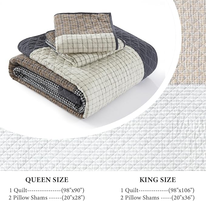 Uniclinens Quilt Set King Size, 100% Cotton Quilted Quilt Bedding Set Bedspread, Real Patchwork Plaid Quilt, Lightweight Quilted Comforter Set, 3 Pieces Set with 2 Pillowshams, Brown/Beige/Gray