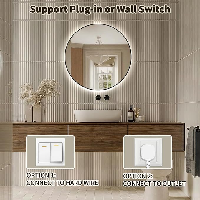 Niccy 48" LED Backlit Round Mirror for Bathroom, Black Framed Vanity Light Wall Mirror LED Smart Circle Mirrors with 3 Lighting Colors, Dimmable Lighted Mirror with Anti-Fog, IP65 Waterproof
