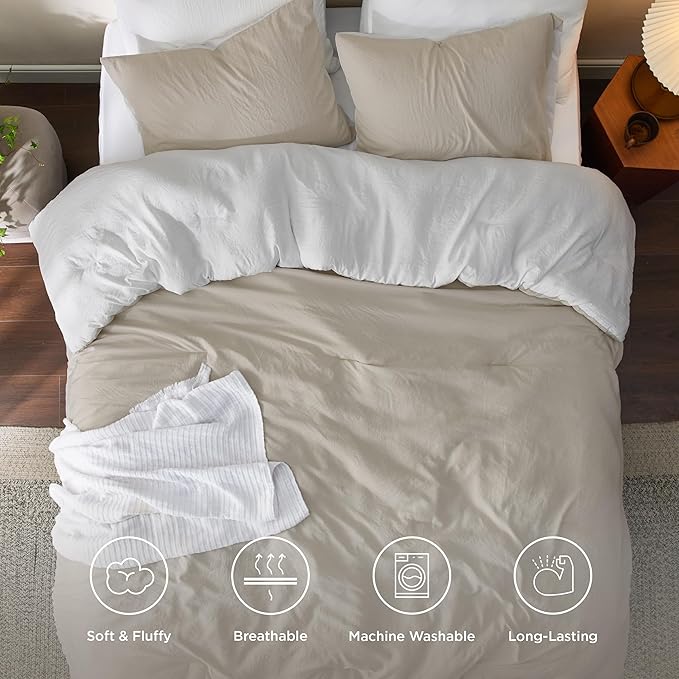 Bedsure King Size Comforter Set, Reversible Beige Soft Prewashed Bedding for All Seasons, 3 Pieces Warm Down Alternative Bed Set, 1 Lightweight Comforter (104"x90") and 2 Pillowcases (20"x36")