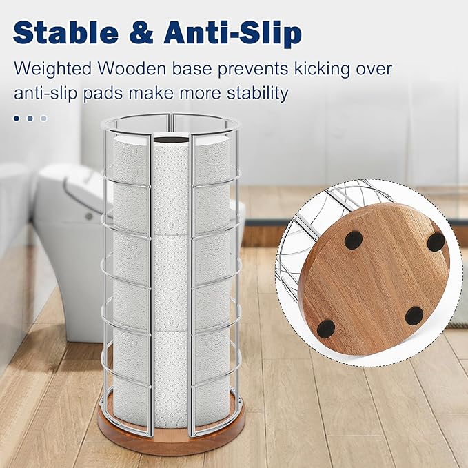 NearMoon Toilet Paper Organizer Stand, Freestanding 3 Rolls Tissue Storage, Metal Bathroom Accessory, Rustproof Toilet Roll Holder for Kitchen Countertop Inside Cabinet Shelf(Wooden Base, Chrome)