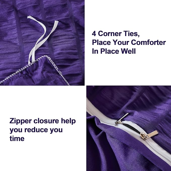 AveLom Dark Purple Duvet Cover King(104 x 90 inches), 3 Pieces (1 Duvet Cover, 2 Pillow Cases), Seersucker Striped Soft Washed Microfiber Textured Duvet Cover Set with Zipper Closure, Corner Ties