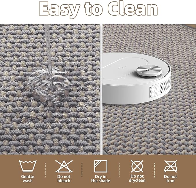 PADOOR-Bath Mat-Super Absorbent Chenille Bathroom Mats-Rubber Backed Bath Mats for Bathroom Non Slip, Easy Clean Bathroom Rugs Front of Bathtub,Shower Room,Sink-17×35, Grey&Beige