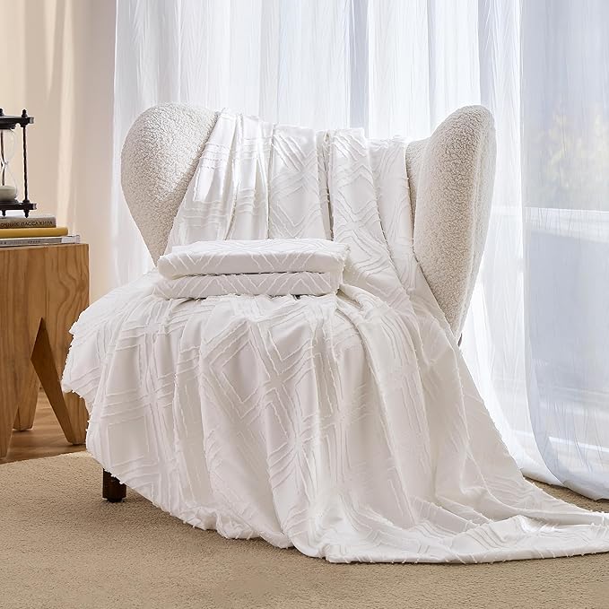 JELLYMONI Duvet Cover Twin Size Bright White - 3PCS Boho Duvet Cover Set Plaid Polyester Tufted Bohemian Jacquard Knit Textured Comforter Cover 68×90in Rhombic Geometric Pattern Corner Ties & Zipper