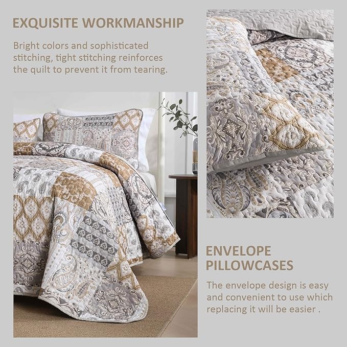 WONGS BEDDING Brown Quilt Set King Size, Patchwork Plaid Bedspread Bedding Sets Paisley Soft Microfiber Quilts for King Bed 3 Pieces Coverlet Set for All Season (104"x90")