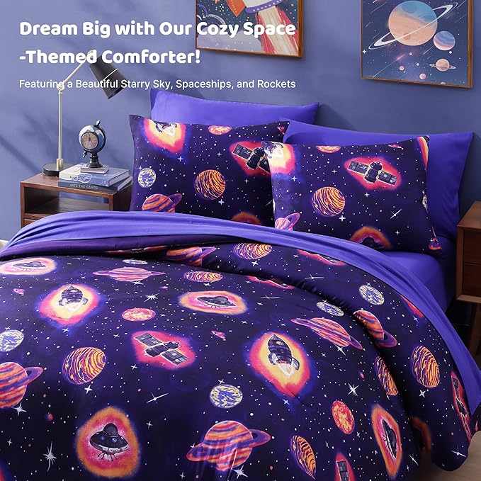 Twin Comforter Set for Boys-5 Pieces Space Rocket Twin Bedding Sets for Kids, Ultra Soft Bed in A Bag with Sheets