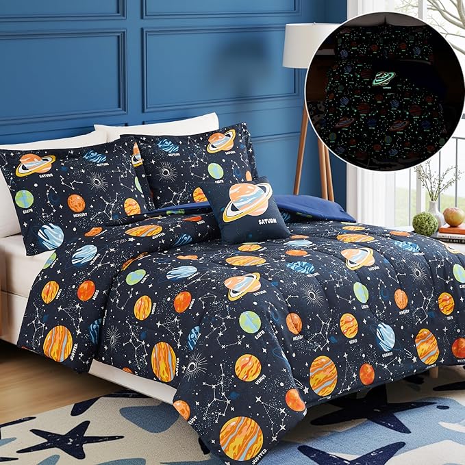 Twin Comforter Set for Boys - 3 Pieces Space Twin XL Bedding Set with 1 Comforter, 1 Decor Pillow, 1 Pillow Sham