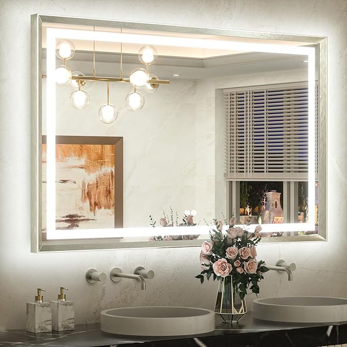 TETOTE 48 x 32 Bathroom LED Mirror Brushed Bright Nickel Metal Frame Frontlit & Backlit Vanity Mirror Stepless Dimmable Anti-Fog 3 Colors White/Warm/Natural Light up Vanity Mirror Wall-Mounted