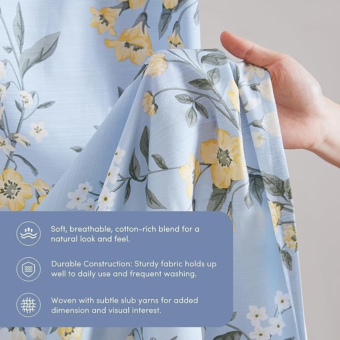 Martha Stewart Meadow Floral Shower Curtain, Cotton-Rich Slub Texture, Timeless Garden Design, Classic to Modern Farmhouse Bathroom Decor, Machine Washable 72"x72", Blue
