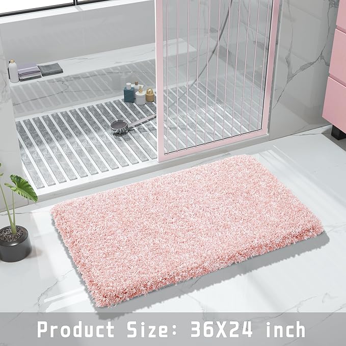 Yimobra Bathroom Rugs Non Slip Washable 36x24, Ultra Soft and Water Absorbent Bath Mats, Plush Fluffy Shower Mat Outside, Luxury Microfiber Thick Matts for Bathroom Floor/Tub, Light Pink and White